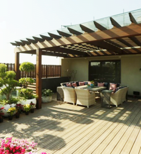 Luxury outdoor wooden pergola for terrace and garden seating area